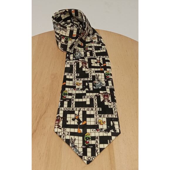 Looney Tunes Mania Cartoon Tie Men's Crossword Puzzle Taz Marvin - Picture 1 of 5